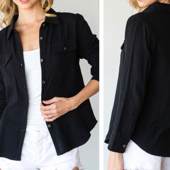 🖤Button Down Gauze Shirt w/front Pockets - Picture 3 of 3